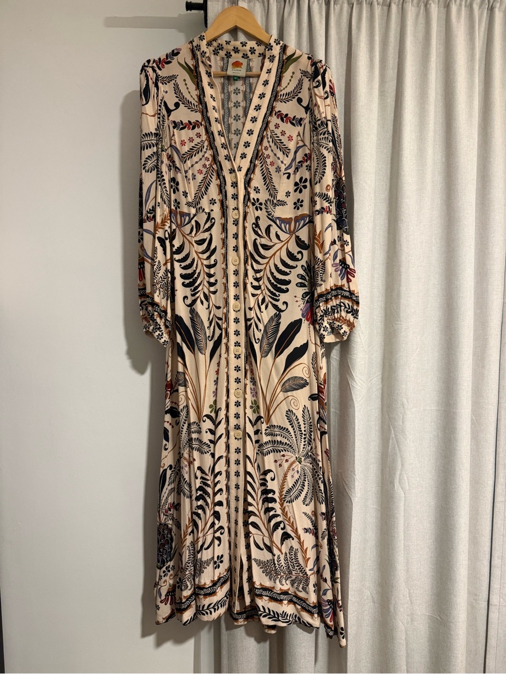 FARM Rio Cream Maxi Dress with Black Botanical Print and Multicolor Accents